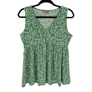 Amana womens large green white blue floral sleeveless ruffle detail blouse